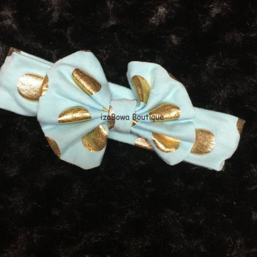 Aqua & Gold Dot Bow Tie Cotton Headband   HB1012  Handmade NWT Boutique - Picture 2 of 2